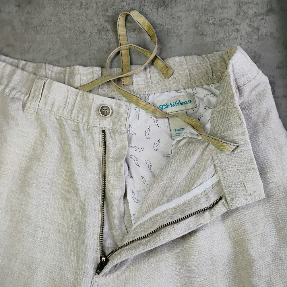 Caribbean Mens Linen Coastal Pants Beige 38x30 Beachy Wedding Vacation